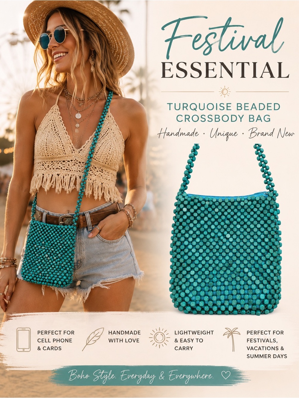 Turquoise Wooden Beaded Crossbody Phone Bag Handmade Festival Summer Purse